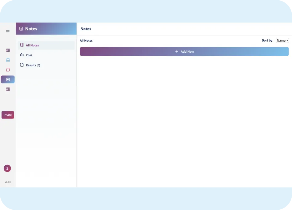 Notes app interface displaying sections for all notes, chat, and results with an option to add new notes, emphasizing organization and productivity features of ORO AI's Smart Notes application.